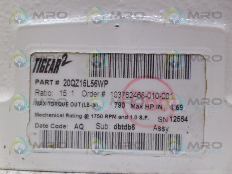 DODGE TIGEAR 2 20QZ15L56WP GEAR REDUCER 1.69 HP 15:1  *NEW NO BOX*