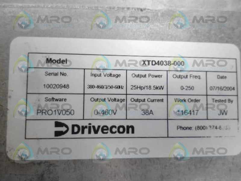 DRIVECON XT SERIES XTD4038-000 INVERTER-CRANE *USED*
