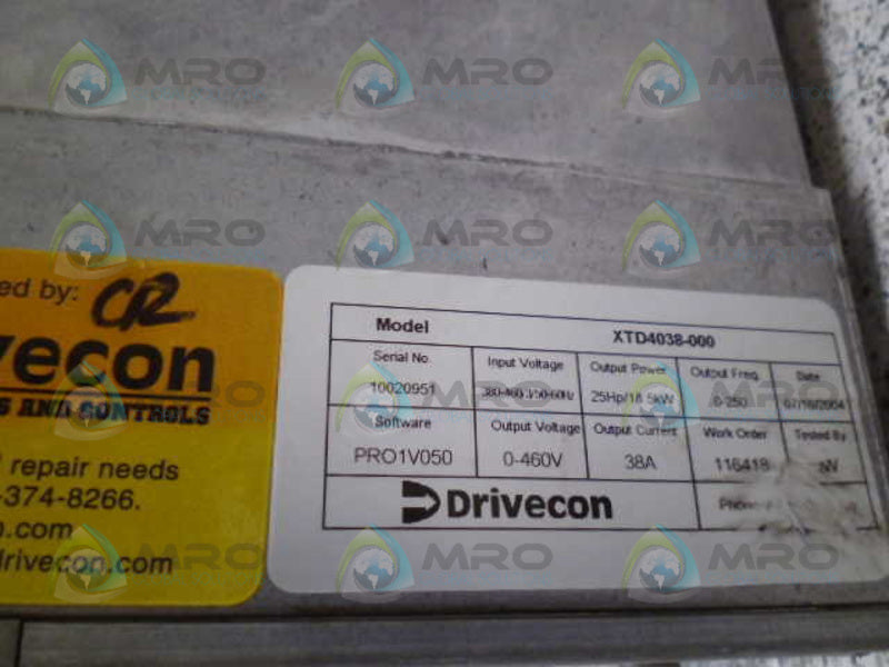 DRIVECON XT SERIES XTD4038-000 INVERTER-CRANE (AS PICTURED)(REPAIRED) *USED*