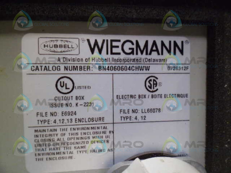 HUBBELL WIEGMANN BN4060604CHWW ELECTRICAL BOX *USED*