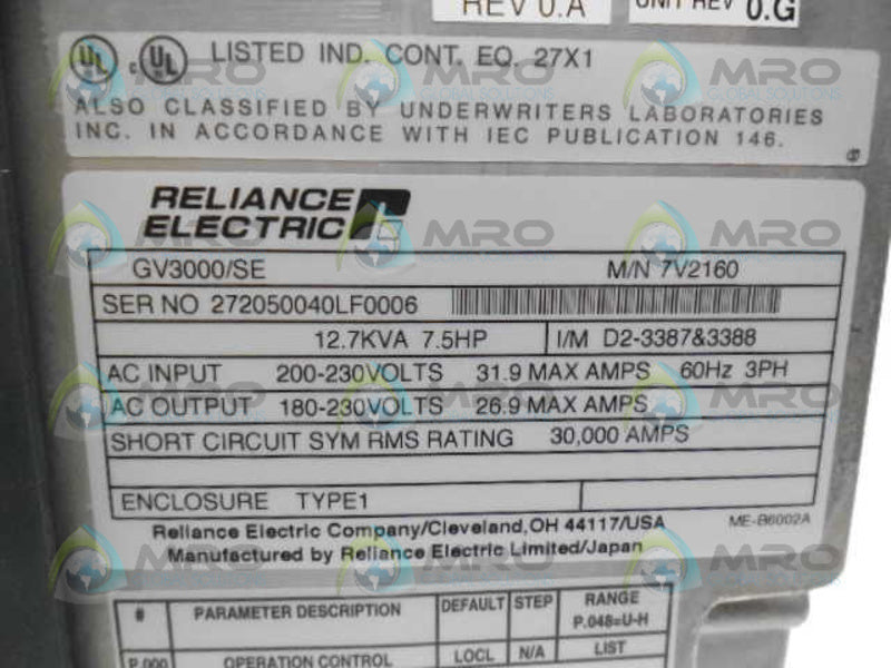 RELIANCE ELECTRIC GV3000/SE 7V2160 AC DRIVE *NEW NO BOX*