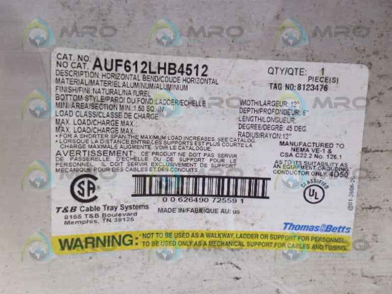 THOMAS&BETTS AUF612LHB4512 HORIZONTAL BEND *NEW NO BOX*