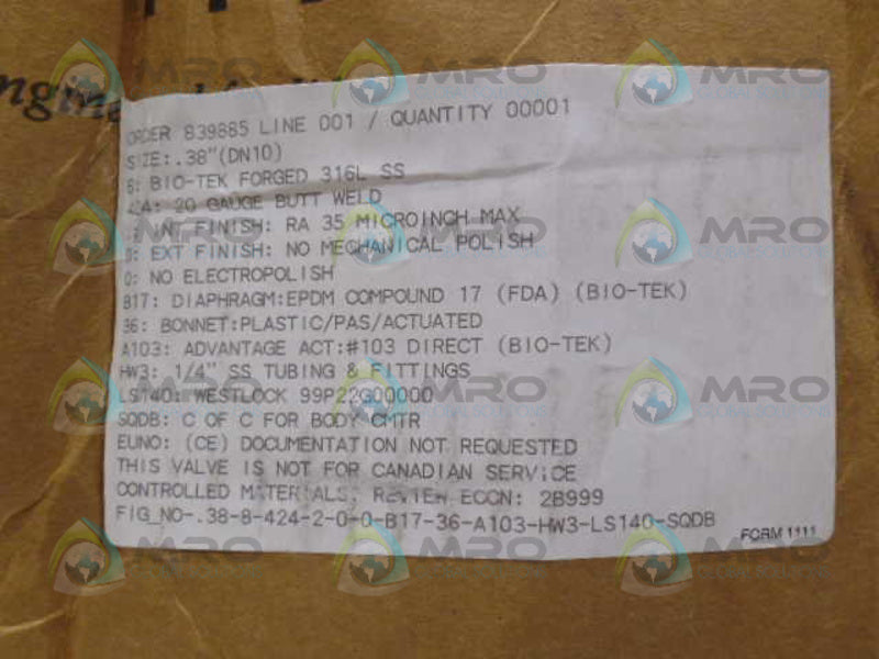 ITT .38-8-424-2-0-0-B17-36-A103-HW3-LS140-SQDB VALVE * FACTORY SEALED *