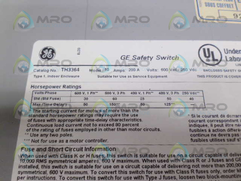 GENERAL ELECTRIC TH3364 SAFETY SWITCH 200A *USED*
