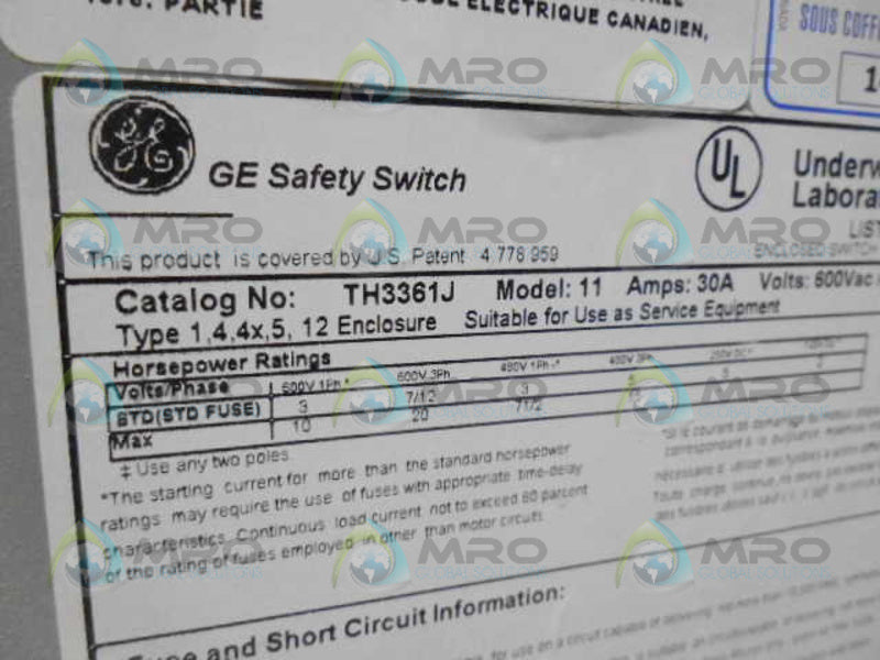 GENERAL ELECTRIC TH3361J MODEL 11 SAFETY SWITCH *USED*