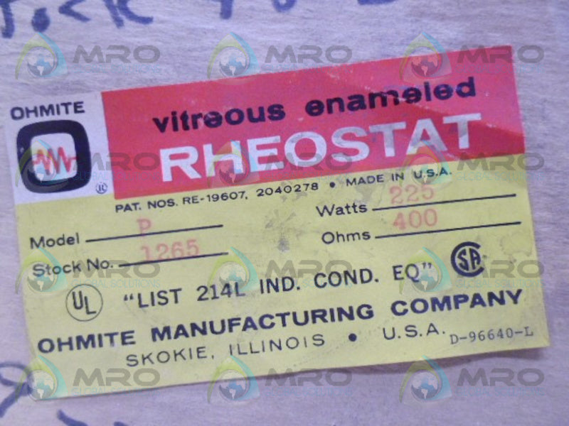 OHMITE P 1265 RHEOSTAT *FACTORY SEALED*