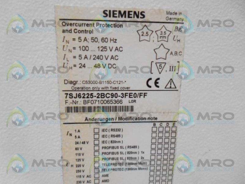 SIEMENS 7SJ6225-2BC90-3FE0/FF SIPROTEC OVER PROTECTIONS RELAY *USED*