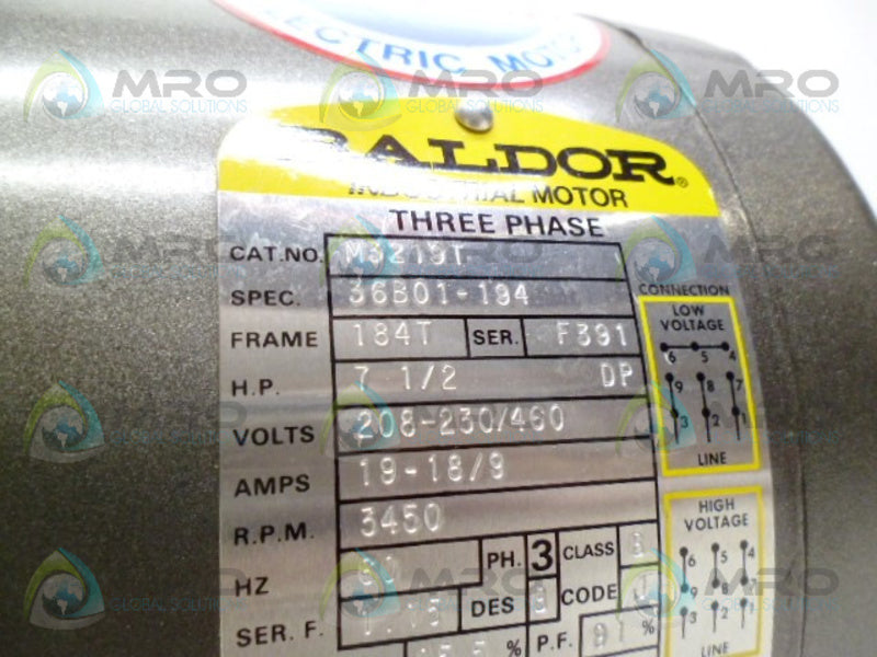 BALDOR M3219T 7 1/2DP HP 3450RPM INDUSTRIAL MOTOR *USED*