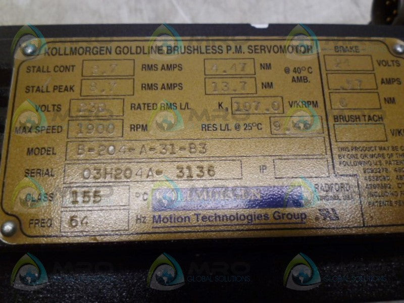 KOLLMORGAN B-204-A-31-B3 SERVO MOTOR *USED*