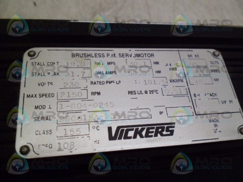 VICKERS 1-604-0245 BRUSHLESS P.M. SERVO MOTOR *USED*