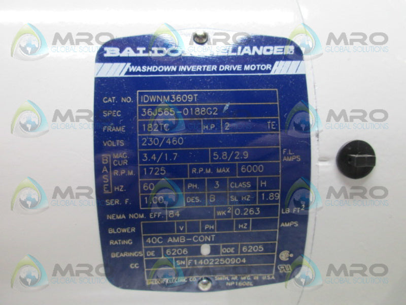 BALDOR IDWNM3609T 2 TE HP 1725 RPM WASHDOWN INVERTER DRIVE MOTOR NSMP
