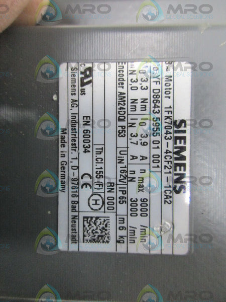 SIEMENS 1FK7043-4CF21-1CA2 MOTOR NSNP
