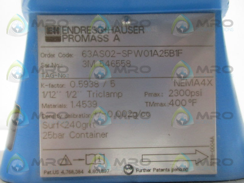 ENDRESS+HAUSER 63AS02-SPW01A25B1F FLOW SENSOR UNMP