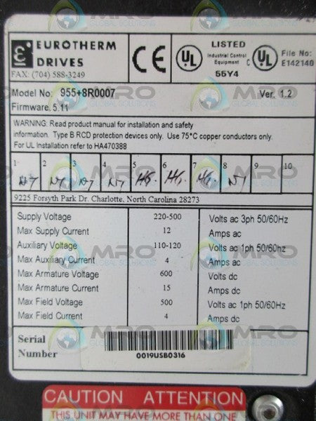 EUROTHERM 955+8R0007 FW 5.11 VER 1.2 DRIVE (AS PICTURED) UNMP