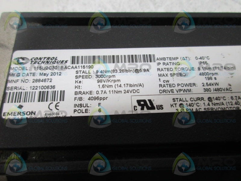 CONTROL TECHNIQUES 115U2C301BACAA115190 SERVO MOTOR UNMP