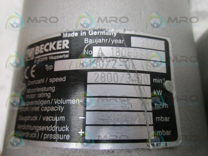 BECKER SV8.130/2-01 VSF VACUUM PUMP BLOWER UNMP