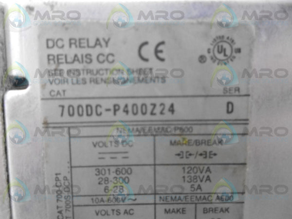 ALLEN BRADLEY 700DC-P400Z24 SER. D CONTROL RELAY UNMP