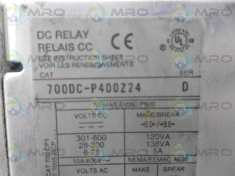 ALLEN BRADLEY 700DC-P400Z24 SER. D CONTROL RELAY UNMP