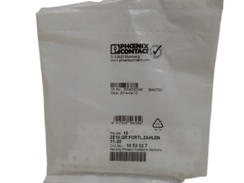 PHOENIX CONTACT ZB10,QR:FORTL.ZAHLEN11-20 1053027(PKG OF 10)NSMP
