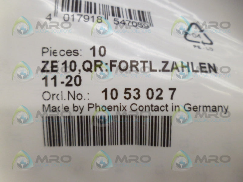 PHOENIX CONTACT ZB10,QR:FORTL.ZAHLEN11-20 1053027(PKG OF 10)NSMP