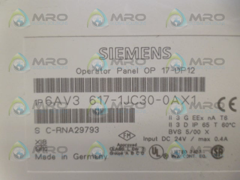 SIEMENS 6AV3617-1JC30-0AX1 OPERATOR PANEL UNMP