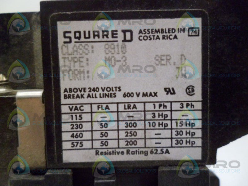 SQUARE D 8910M0-3 CONTACTOR UNMP