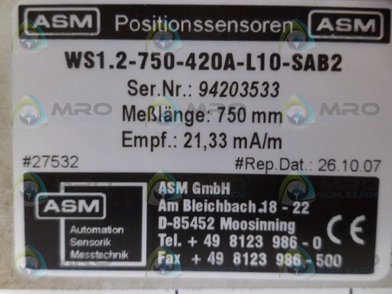 ASM WS1.2-750-420A-L10-SAB2 SENSOR UNMP