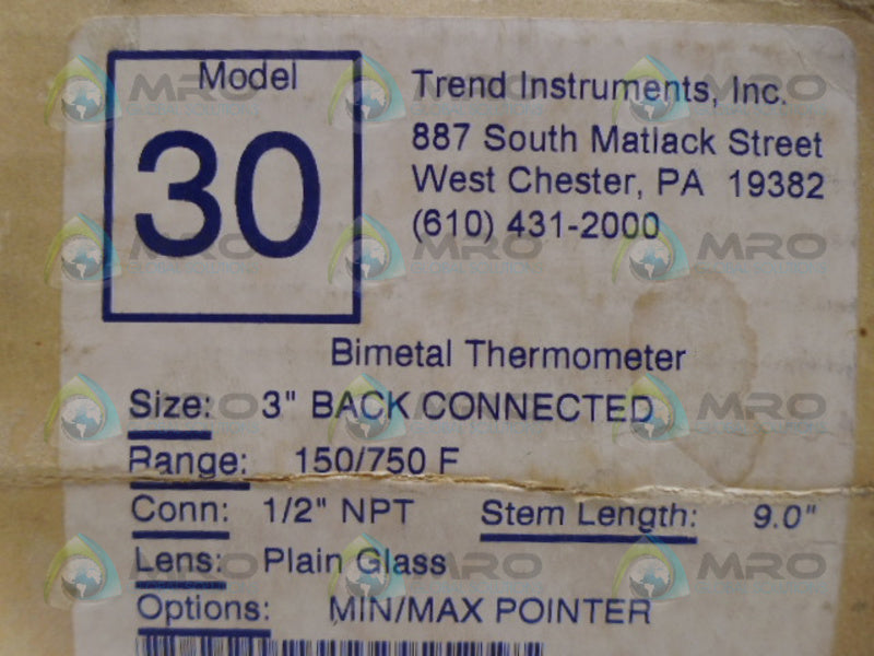 TREND INSTRUMENTS 30 BIMETAL THERMOMETER 750F NSMP