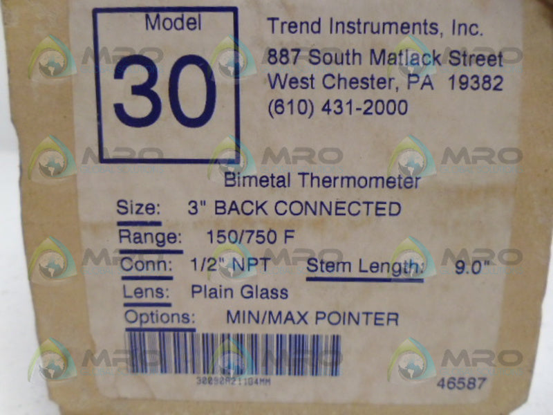 TREND INSTRUMENTS 30 BIMETAL THERMOMETER 750F NSMP