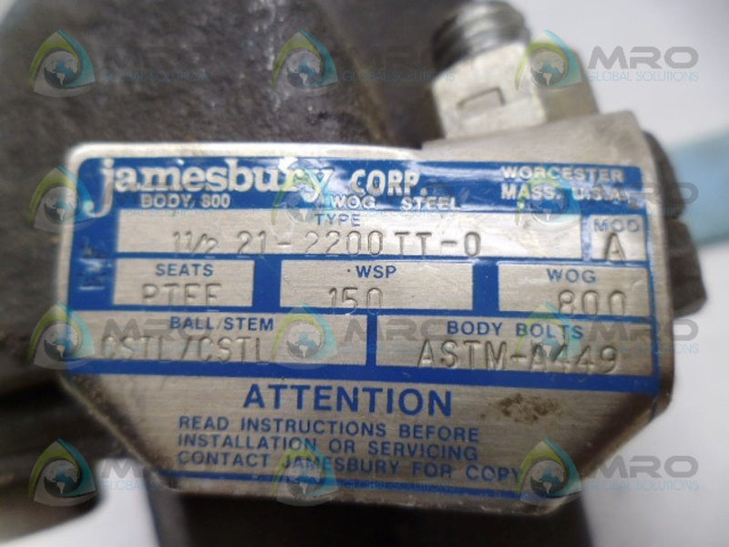 JAMESBURY 21-2200TT-0 BALL VALVE UNMP