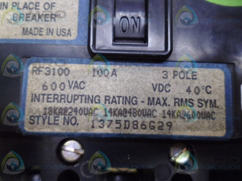 WESTINGHOUSE RF3100 CIRCUIT BREAKER 3P 100A UNMP