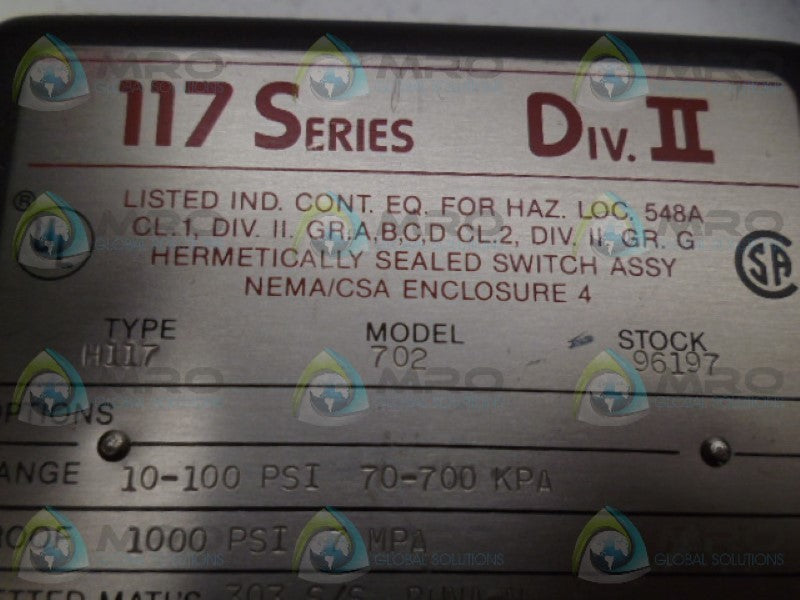 UNITED ELECTRIC H117-702 PRESSURE SWITCH NSNP