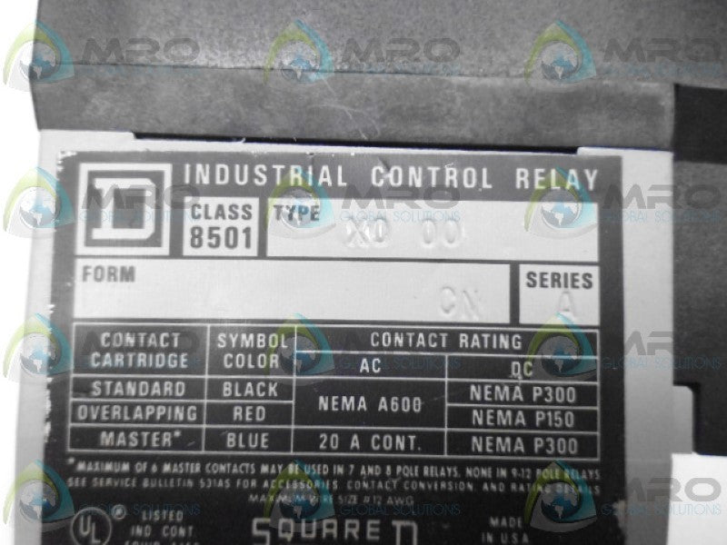 SQUARE D 8501-X0-00 RELAY UNMP