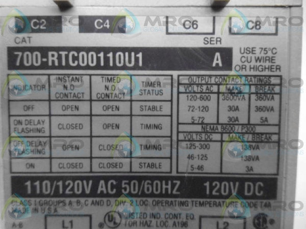ALLEN BRADLEY 700-RTC00110U1 SER. A SOLID STATE TIMER UNMP