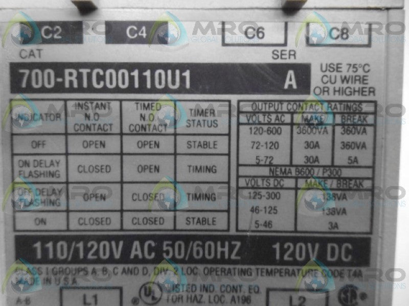 ALLEN BRADLEY 700-RTC00110U1 SER. A SOLID STATE TIMER UNMP