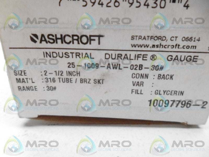 ASHCROFT 25-1009-AWL-02B-30 GAUGE 30PSI NSMP