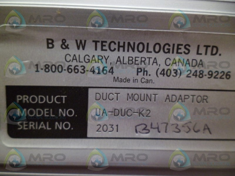 B&W TECHNOLOGIES UA-DUC-K2 DUCT MOUNT ADAPTER NSNP