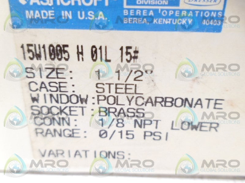 ASHCROFT 15W1005H01L-15# GAUGE 0-15PSI NSMP
