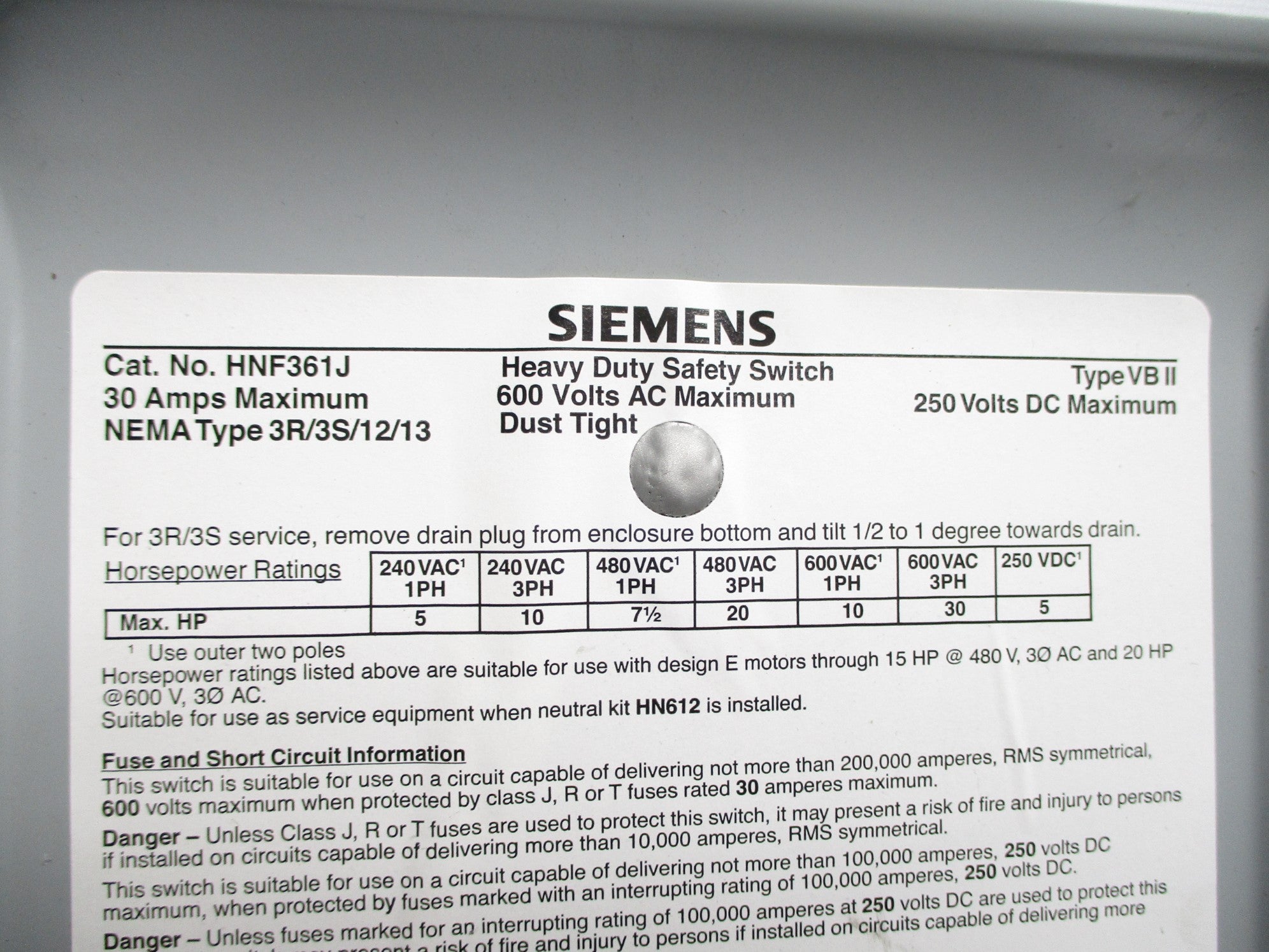 SIEMENS HNF361J (AS PICTURED) UNMP
