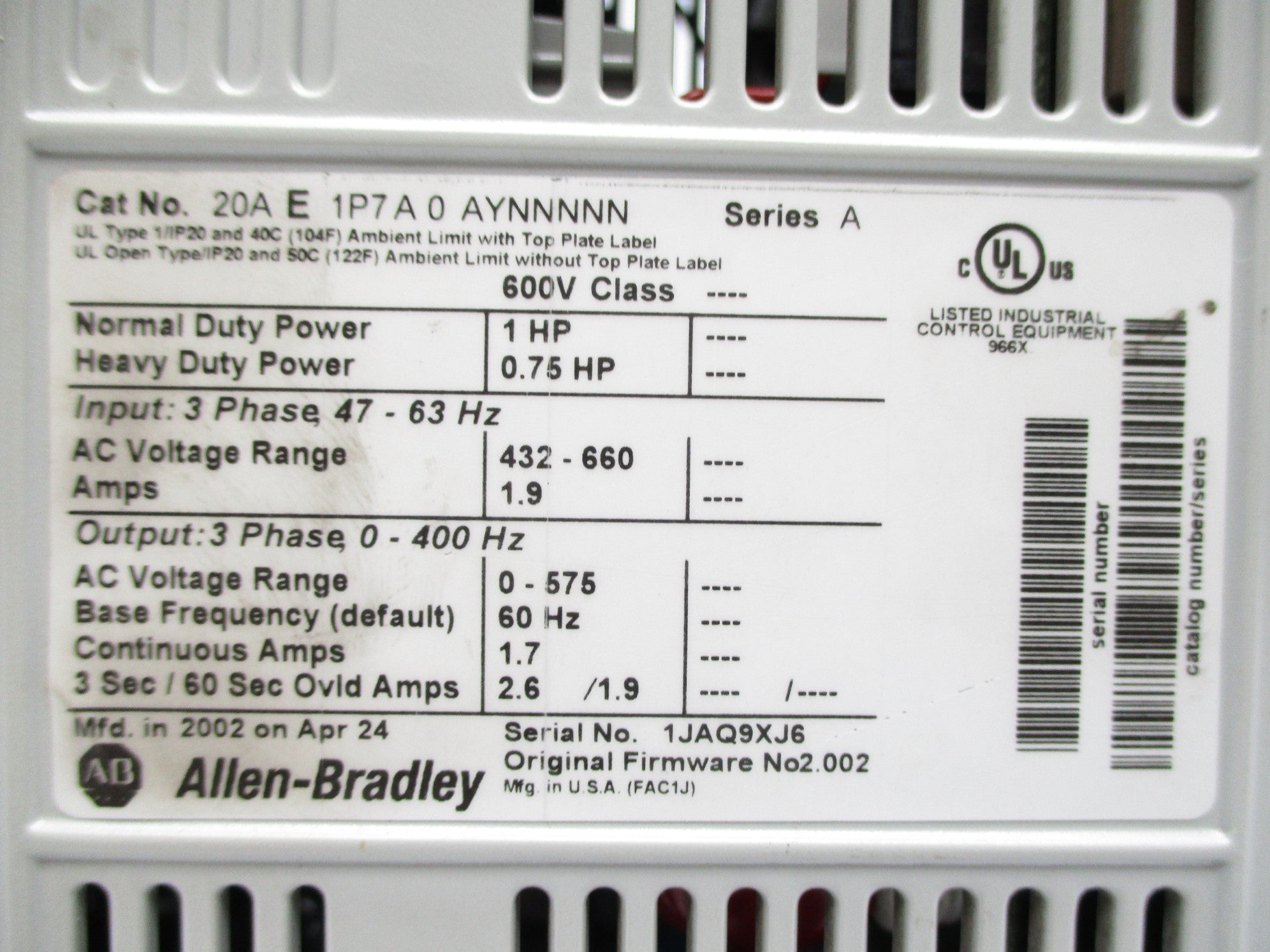 ALLEN BRADLEY 20AE1P7A0AYNNNNN SER. A 432-660V 1.9A F/W 2.002 UNMP