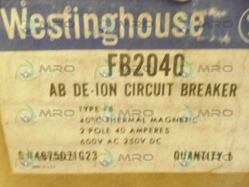 WESTINGHOUSE FB2040 CIRCUIT BREAKER 40A 600VAC NSMP