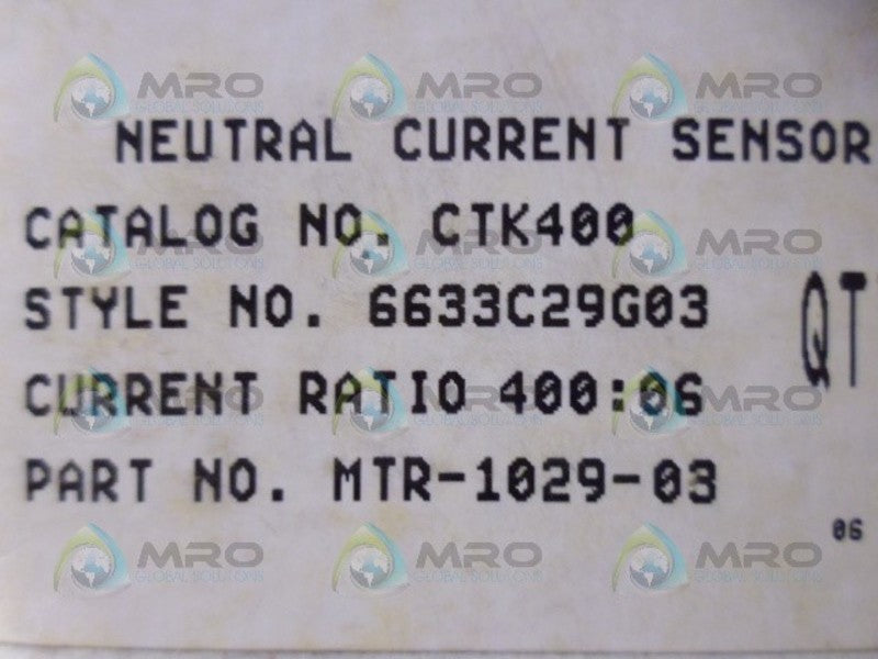 CUTLER HAMMER CTK400 NEUTRAL CURRENT SENSOR UNMP