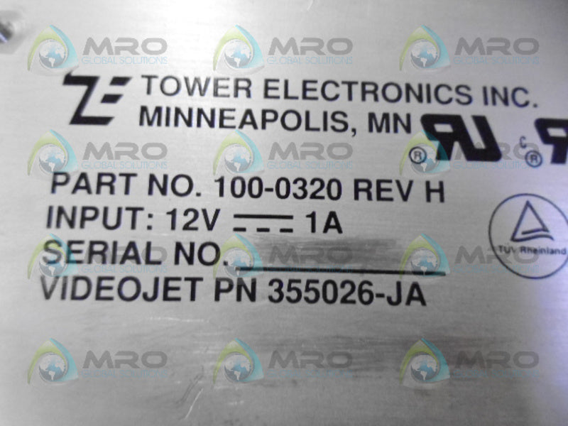 TOWER ELECTRONICS 100-0320 POWER SUPPLY 12V 1AMP UNMP