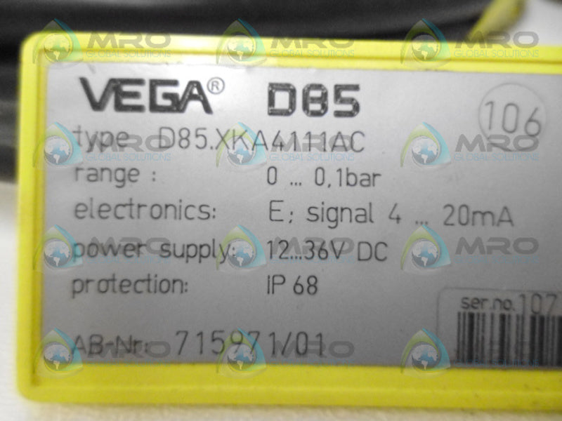 VEGA D85.XKA4111AC PRESSURE TRANSMITTER NSNP