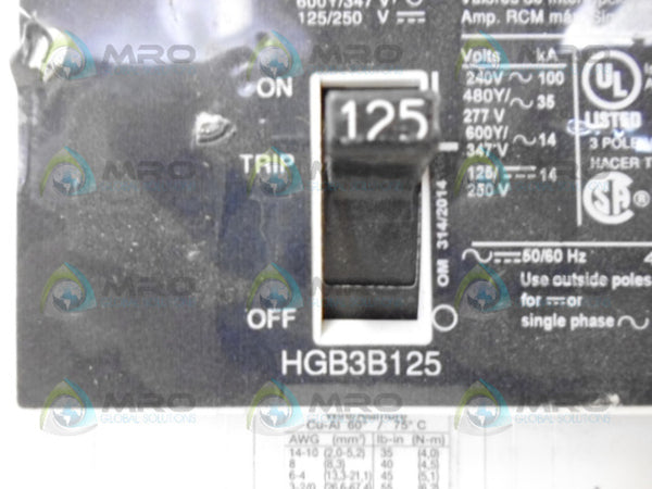 SIEMENS HGB3B125 CIRCUIT BREAKER 3P 125A UNMP