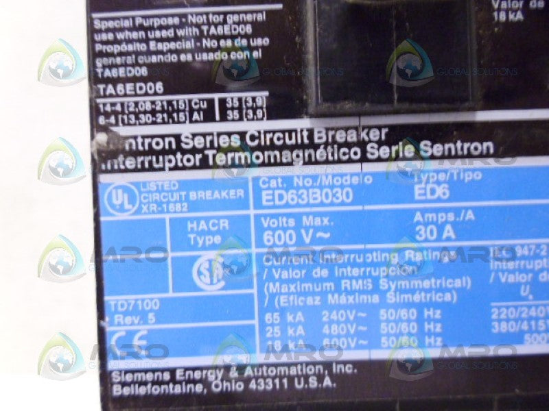 SIEMENS ED63B030 CIRCUIT BREAKER 3P 30A *NEW NO BOX*