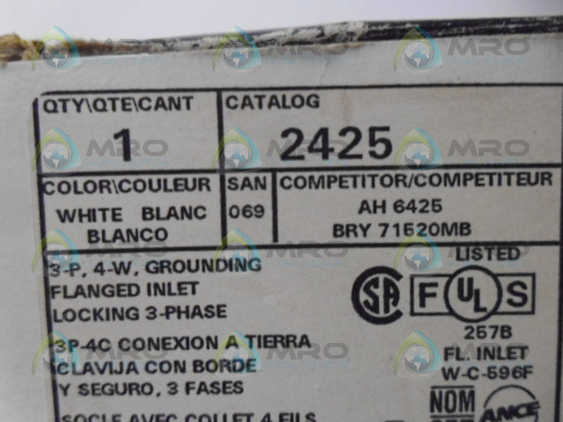 LEVITON 2425 TWIST LOCK FLANGED INLET PLUG *NEW IN BOX*