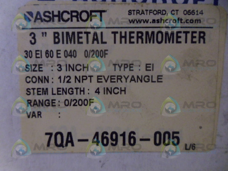 ASHCROFT 30EI60E0400/200F THERMOMETER 3'' NSMP