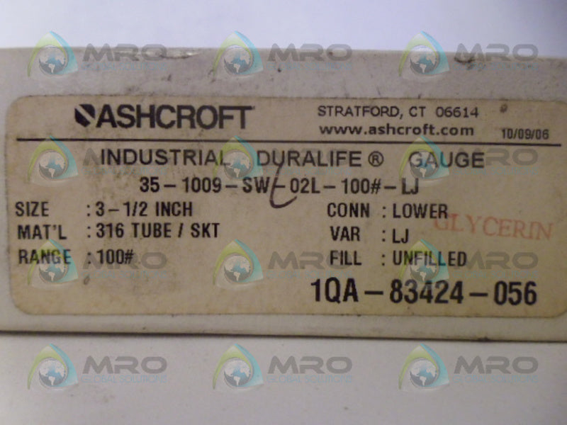ASHCROFT 35-1009-SWL-02L-100#-LJ GUAGE 100PSI NSMP