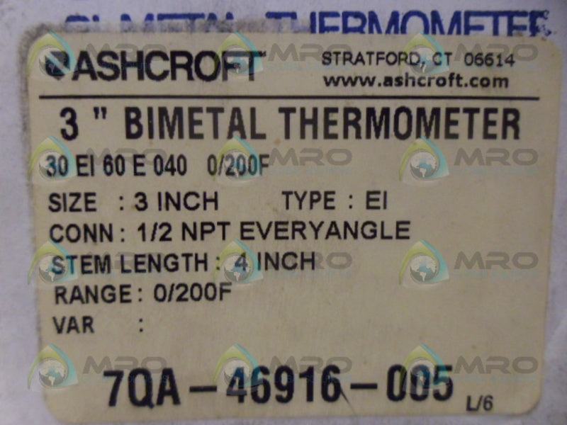 ASHCROFT 30EI60E0400/200F THERMOMETER 3'' NSMP